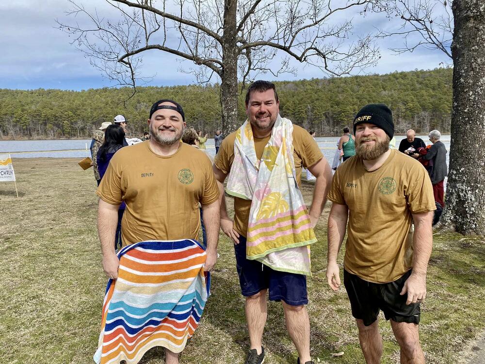 2023 Polar Plunge photo of Josh, Brett, and Sheriff