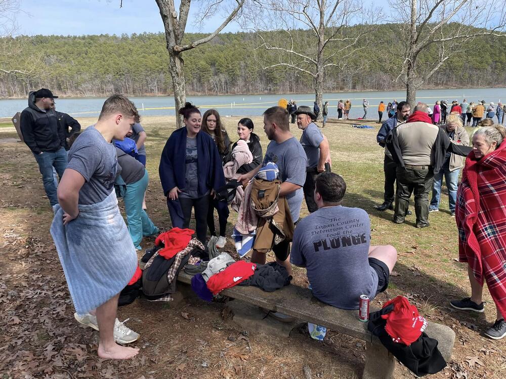 A photo of employees after the plunge